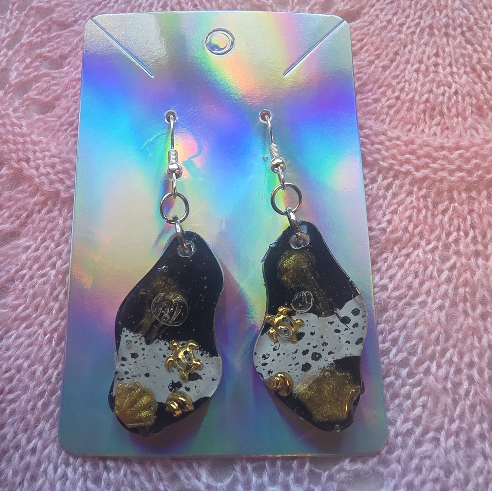 Water Ripple Wave Sea Turtle Stainless Steel Fixings Hook Dangle Earrings
